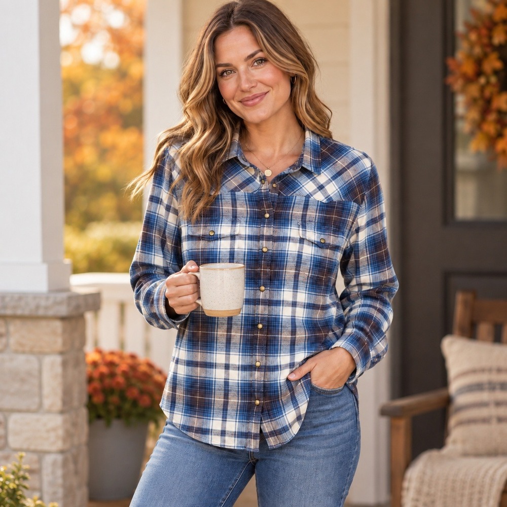 Jachs Girlfriend Flannel Shirt Snap Front Plaid Western Cowgirl Large